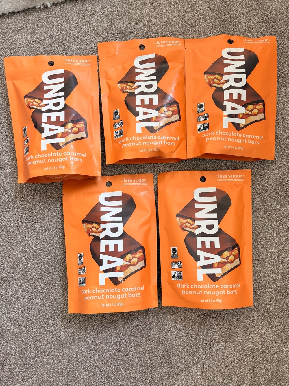 NEW bundle of 5 unreal Dark Chocolate Caramel Peanut Nougat Bars less sugar